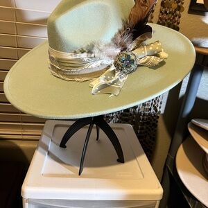Elegant Mint Green Fedora with Feathers and vintage pin